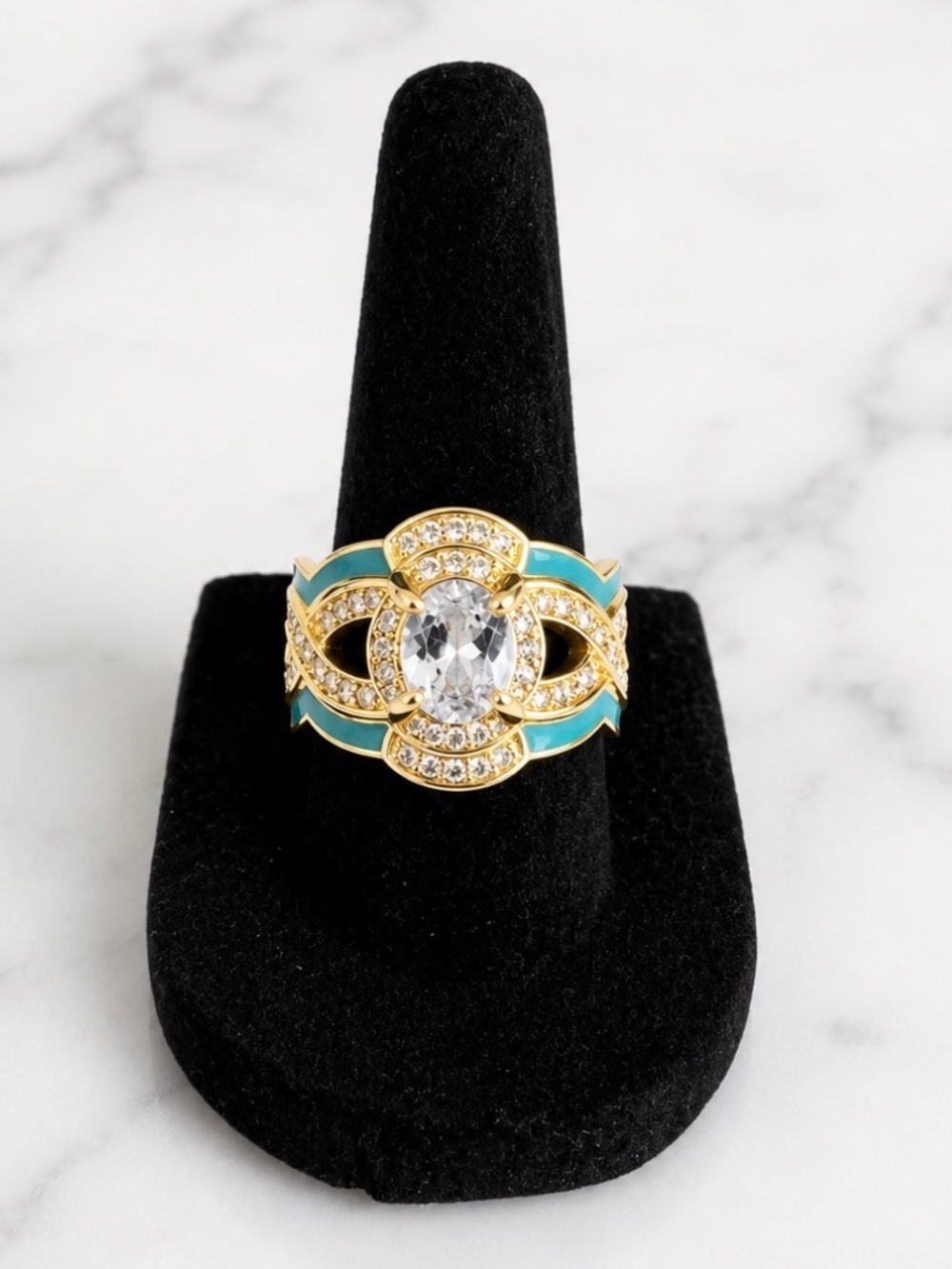 Gold-Tone Clear Oval Stone Center Turquoise Accents Triple Band Ring Size 7